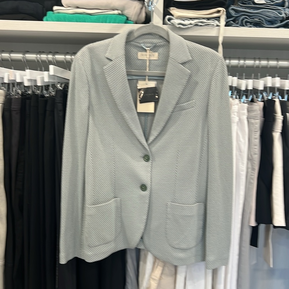 Luxury Italian blazer. Light blue and brown printed stretchy fabric.